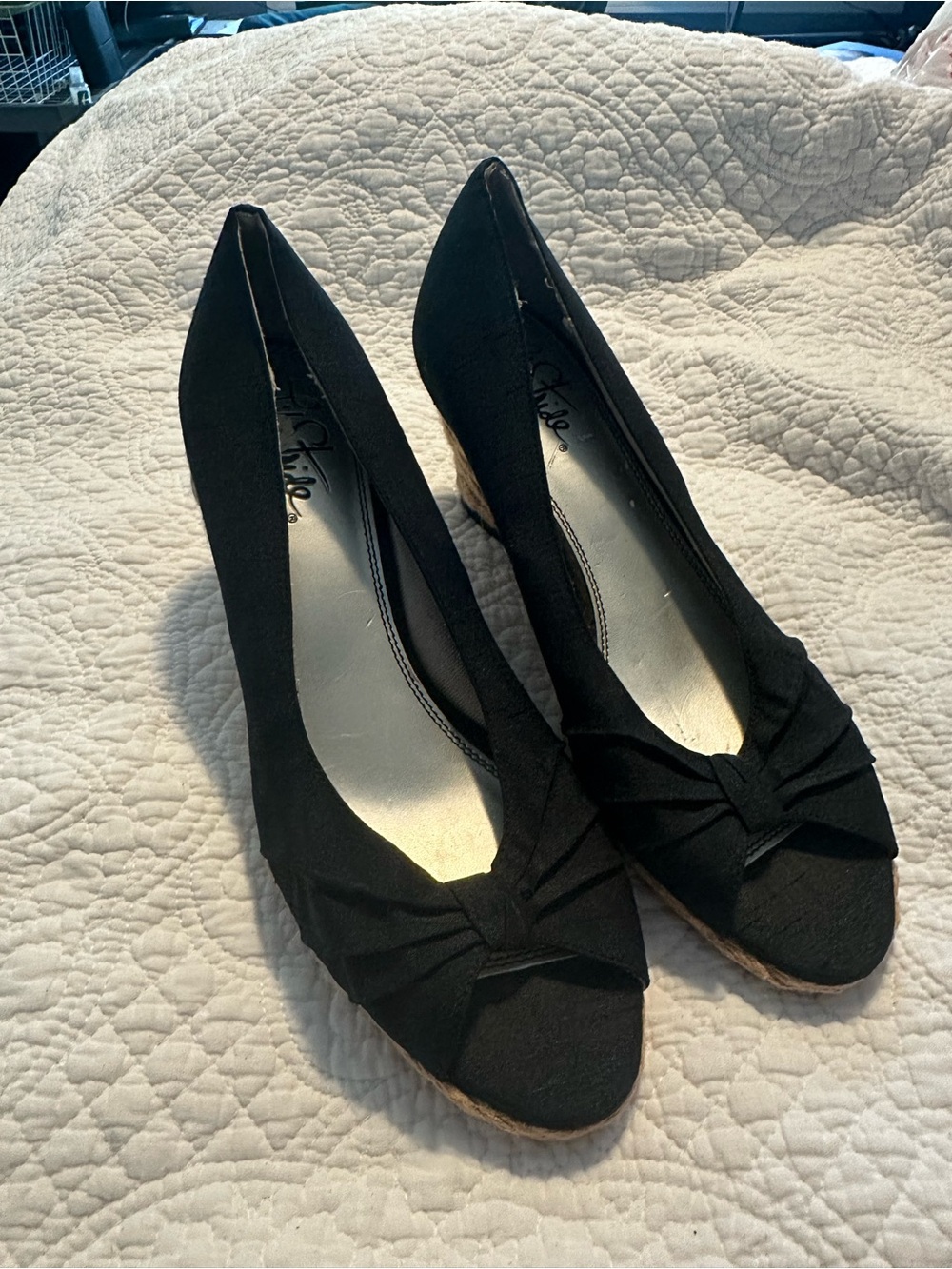 Life Stride Black Peep-Toe Wedge Heels with Bow Detail